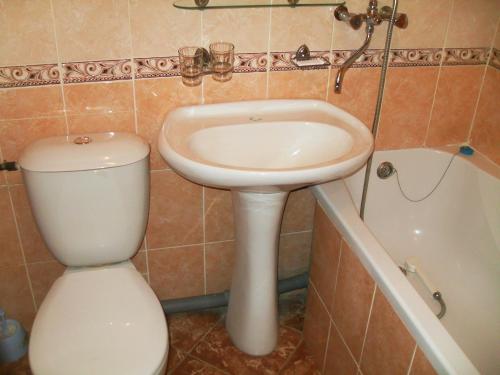 a bathroom with a sink and a toilet and a tub at Ust-Kamenogorsk Hotel in Ustʼ-Kamenogorsk
