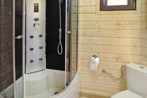 a bathroom with a shower and a toilet at Holiday resort, Wiselka in Wisełka