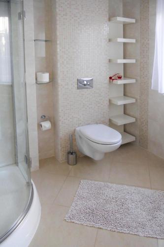 a bathroom with a toilet and a shower and a rug at Large, comfortable holiday villa, private garden in Grzybowo
