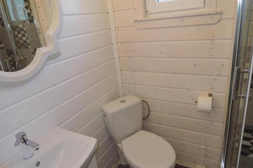 ein kleines Badezimmer mit Toilette und Waschbecken in der Unterkunft Bungalow in Kolczewo near Baltic Sea in Kołczewo