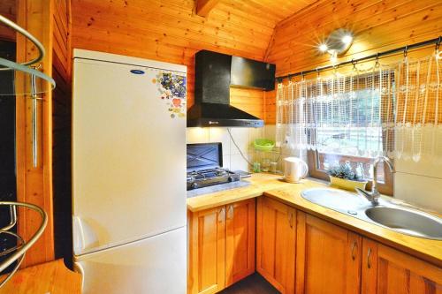een keuken met een witte koelkast en een wastafel bij holiday home, Swiecianowo 