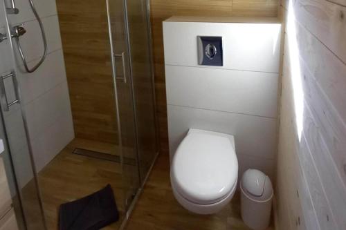 a small bathroom with a toilet and a shower at holiday home, Gaski in Gąski