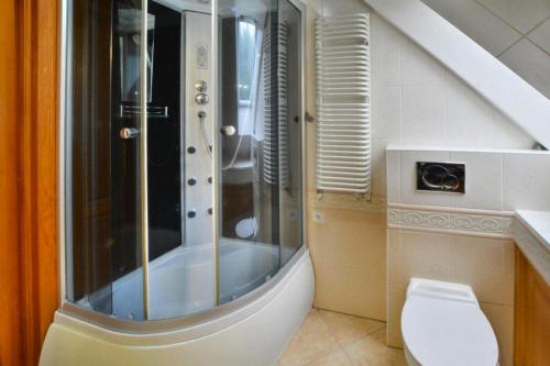 a bathroom with a shower and a toilet at Villa in wi cianowo near Ostrowieckie Lake in Zegocino