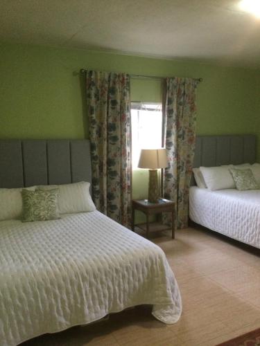 1 dormitorio con 2 camas y ventana en Mountain View retreat st.Elizabeth, en Far Enough