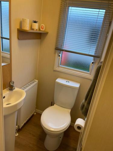 a bathroom with a white toilet and a sink at Coastal retreats, Beech rise, primrose valley in Filey