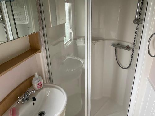 a bathroom with a shower and a sink at Lakeside in Chichester