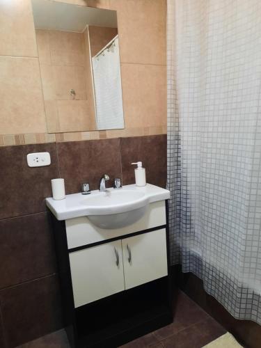 y baño con lavabo y ducha. en Monoambiente Rivadavia en Cipolletti