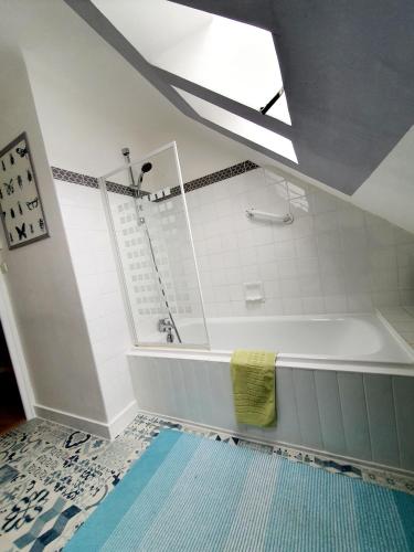 a bathroom with a bath tub with a skylight at Chambres Dhôtes Numéro 1 in Châteaulin