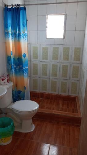 a bathroom with a toilet and a shower curtain at Punta de choros Cabañas bahia carrizalillo in Carrizalillo