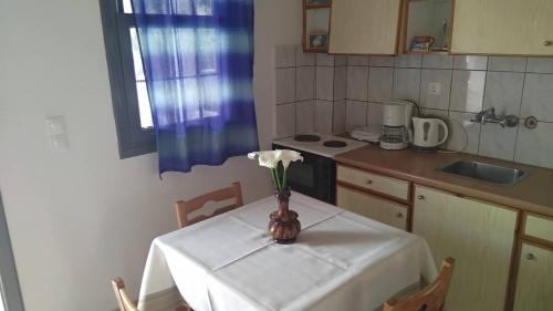 a kitchen with a table with a vase of flowers on it at Villas Irene 6 Family Apartments in Gournes