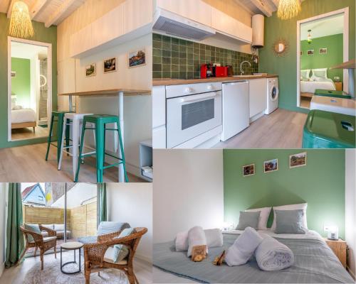 un collage de photos d'une cuisine et d'une chambre dans l'établissement LES HORTILLONNAGES_B&B INN_Centre ville_Terrasse_Wifi_Netflix, à Amiens