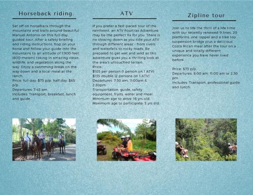 a flyer for a horseback riding event with pictures of horses at Costa Linda Art Hostel in Manuel Antonio