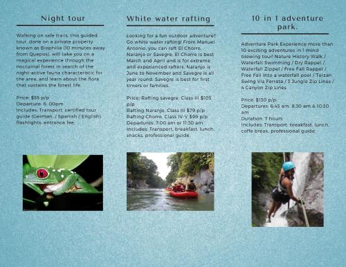 a page of a brochure for a river with pictures of people on a boat at Costa Linda Art Hostel in Manuel Antonio