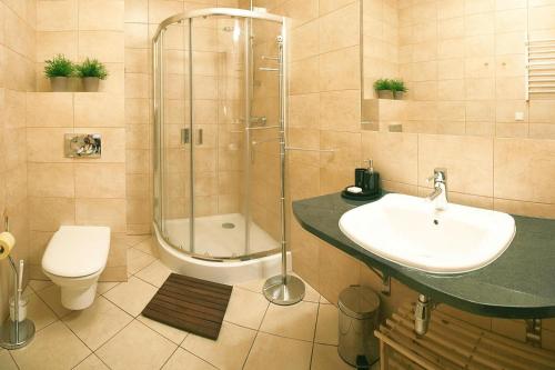 a bathroom with a sink and a shower and a toilet at Holiday flat, Swinoujscie in Świnoujście
