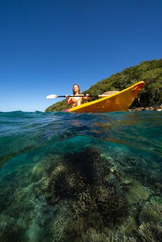 a man is paddling a kayak over the ocean at Fitzroy Island Resort in Fitzroy Island