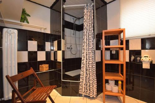 uma casa de banho com um chuveiro e uma cadeira de madeira em Apartment Sunrise, Steinbach-Hallenberg em Kurort Steinbach-Hallenberg