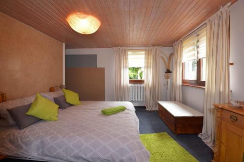 um quarto com uma cama com almofadas amarelas e uma janela em Apartment Sunrise, Steinbach-Hallenberg em Kurort Steinbach-Hallenberg