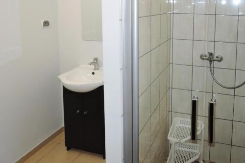 a bathroom with a sink and a shower at holiday home, Kolczewo in Kołczewo