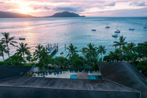 a view of a beach with palm trees and the ocean at Fitzroy Island Resort in Fitzroy Island