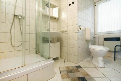a bathroom with a toilet and a shower and a sink at Holiday home in Sewenkow with a terrace in Sewekow
