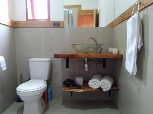 a bathroom with a sink and a toilet and towels at Cabañas Pukatue in Chonchi