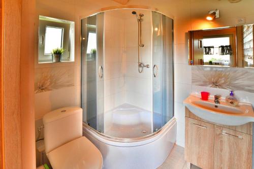 a bathroom with a shower and a toilet and a sink at Holiday resort, Jaroslawiec in Jarosławiec