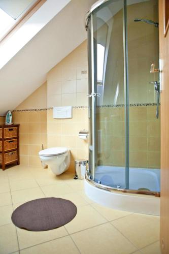 a bathroom with a toilet and a glass shower at Half of holiday home, terrace, playground in Rowy