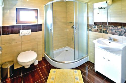 ein Bad mit einer Dusche, einem WC und einem Waschbecken in der Unterkunft Holiday resort, Sarbinowo in Sarbinowo