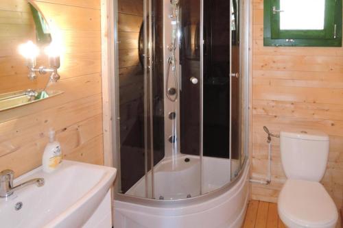 uma casa de banho com um chuveiro, um WC e um lavatório. em Holiday homes, Kodrabek em Kodrąb