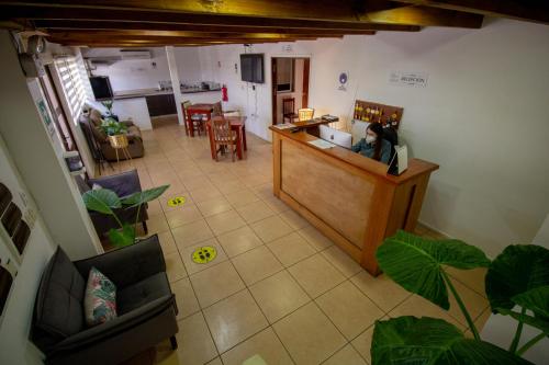 an overhead view of a kitchen and a living room at Hotel Tierra de Parras in Chillán