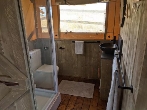 a small bathroom with a toilet and a sink at Maple Park in Kilmore East
