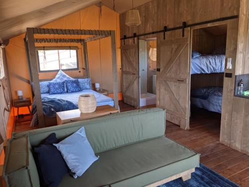 ein Wohnzimmer mit einem Sofa, einem Bett und Etagenbetten in der Unterkunft Maple Park in Kilmore East