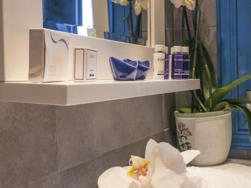 a shelf in a bathroom with products on it at Holiday residence Acrotel Athena Villas, Elia Beach in Kalogria