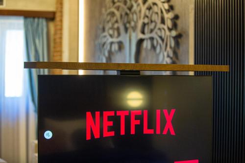 a netflix sign sitting on top of a table at Adryades luxury apartments in Metsovo