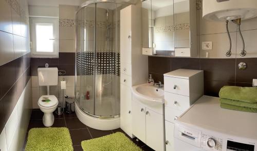 La salle de bains est pourvue de toilettes, d'une douche et d'un lavabo. dans l'établissement Apartment Sky&Vista Čižići - KRK, à Čižići