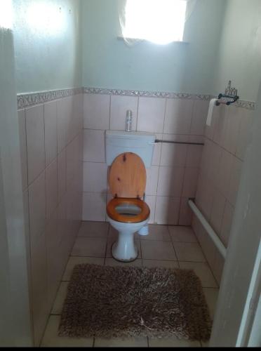 a bathroom with a toilet with a wooden seat at NATS Overnight Accommodation Room One Double bed in De Aar