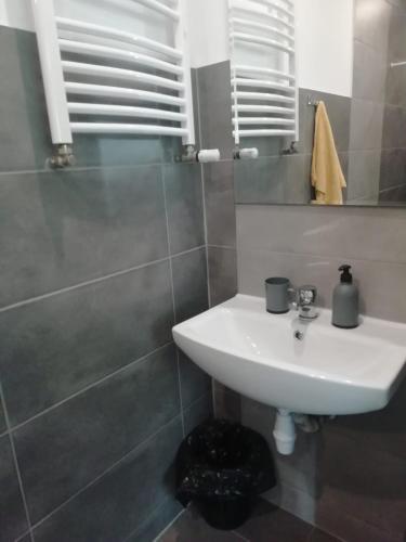 a bathroom with a white sink and a mirror at Apartament Pod Kukułką in Kłodzko