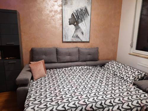 sala de estar con sofá y alfombra blanca y negra en Relax studio apartman Novi Sad, Telep, en Pasuljište