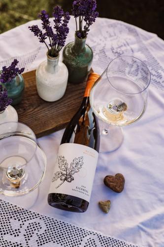 a bottle of wine sitting on a table with two glasses at Weingut Kollerhof am Eichberg in Leutschach