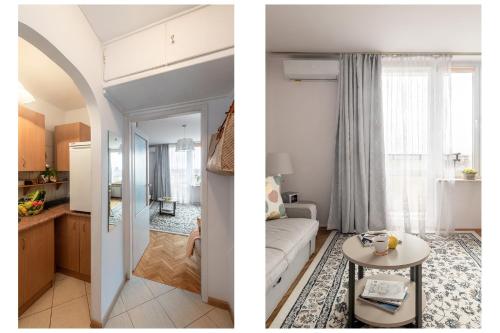 two images of a living room and a kitchen at ShortStayPoland Darwina (B9) in Warsaw