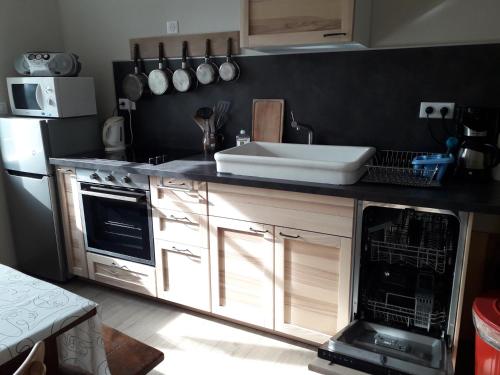 a kitchen with a sink and a stove and a microwave at Gîte Tante Aurore et chambres d'Hôtes in Chémery