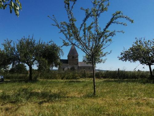 an old church in the middle of a field with trees at Gîte Tante Aurore et chambres d'Hôtes in Chémery