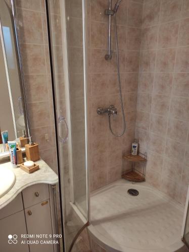 une salle de bain avec une douche avec une porte vitrée dans l'établissement Chez Marie, à Alès