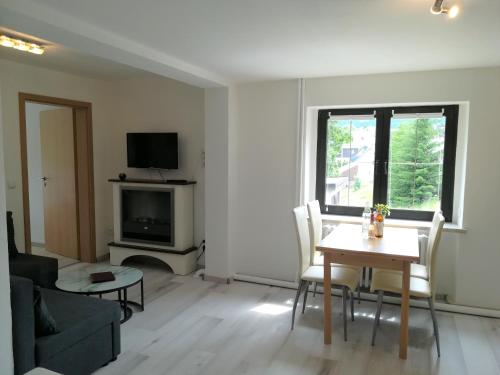 a living room with a couch and a table and a tv at Ferienwohnung Jump INN in Kurort Oberwiesenthal