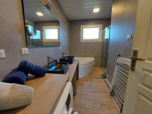 La salle de bains est pourvue d'un lavabo et d'une baignoire. dans l'établissement Superbe appartement au centre de St Jorioz, à Saint-Jorioz