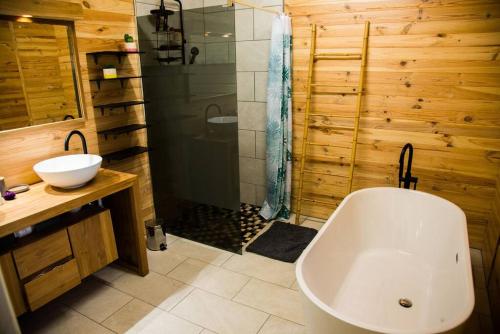 a bathroom with a tub and a sink and a shower at Chalet des Hauts- Vue piton des neiges in Le Tampon