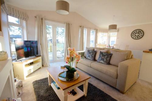 un soggiorno con divano e TV di Hollicarrs - Bluebell Lodge a Riccall