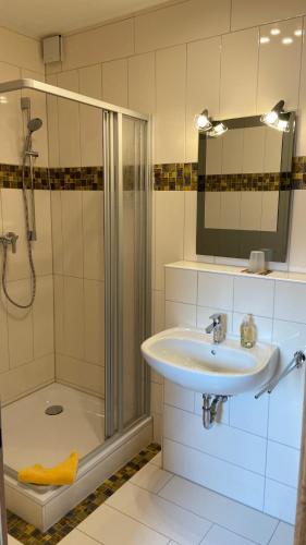 a bathroom with a sink and a shower at Pension Bauer Schulze in Groß Twülpstedt