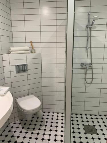 La salle de bains est pourvue d'une douche, de toilettes et d'un lavabo. dans l'établissement Sadama street Villa, à Pärnu