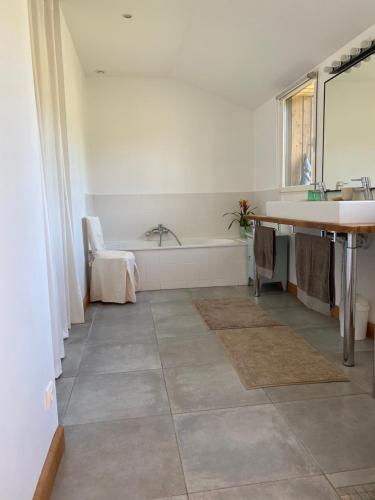 a bathroom with a sink and a bath tub at La Chambre de Claire in Les Iffs